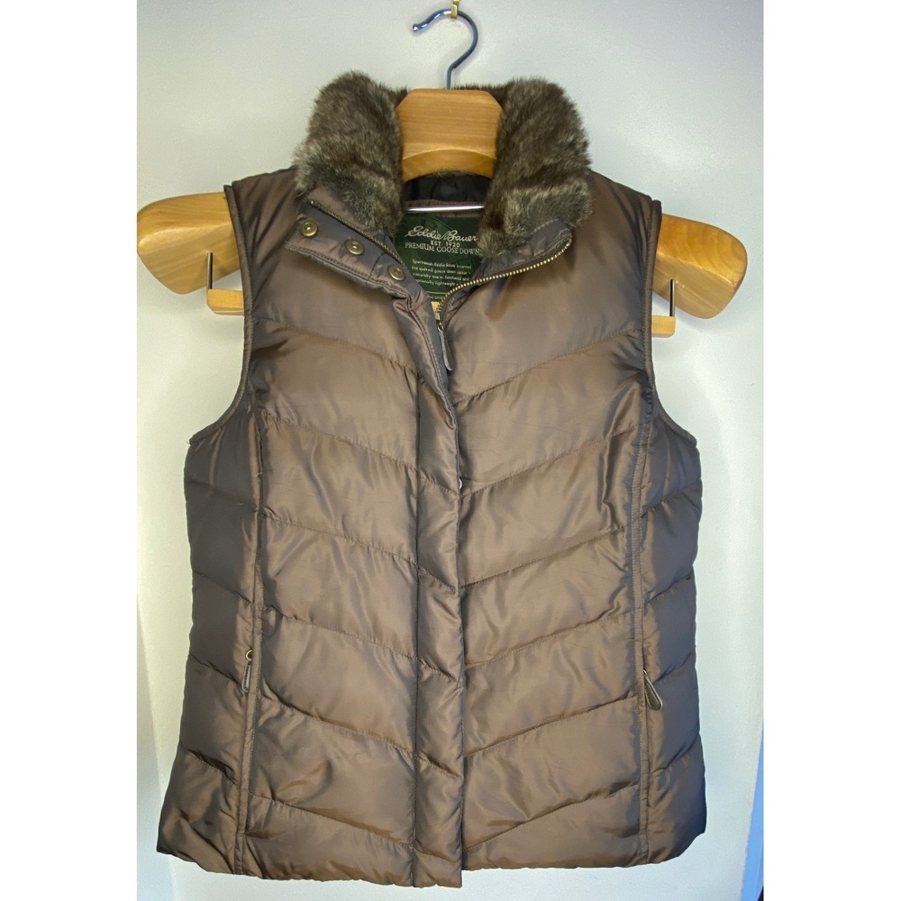 Eddie Bauer Womens Brown Down Vest Faux Fur Collar Premium Goose Down Size S